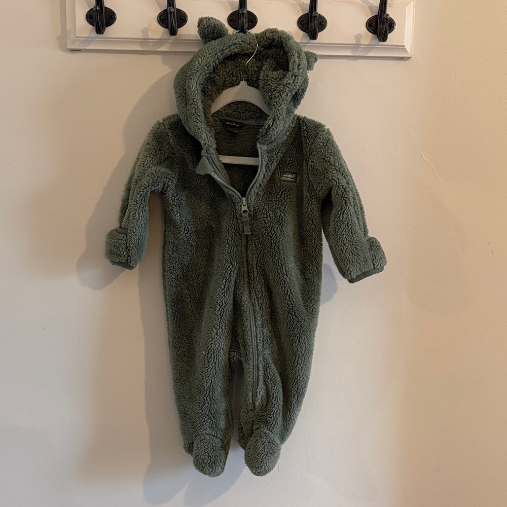 Eddie Bauer Olive Green Sherpa Hooded Baby Footie